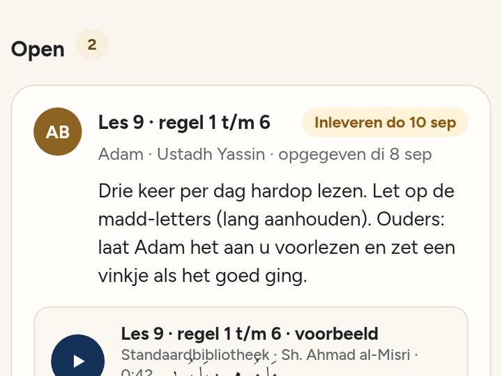 Huiswerkkaart met de opname van de docent