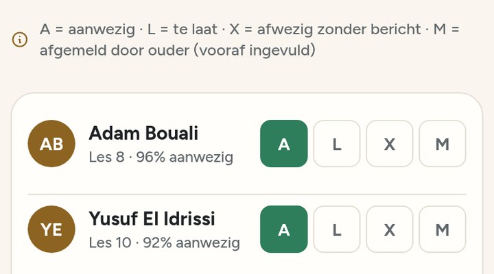 Per leerling vier knoppen voor presentie