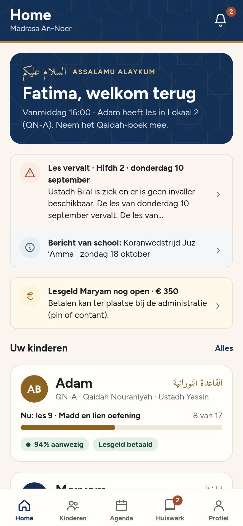 Beginscherm van de ouder